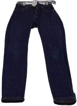 Womens Blue 5 Pockets Design Button Skinny Leg Flat Front Dark Wash Jeans Sz 25