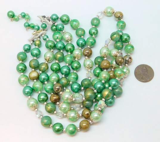 VNTG Mid Century Japan Green, Gold & Aurora Borealis Beaded Multi Strand Necklace image number 6