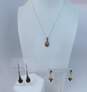 Artisan 925 Modernist Speckled Agate Oval Pendant Necklace & Amber Teardrop Flower & Cabochons Tassel Drop Earrings 12.8g image number 1