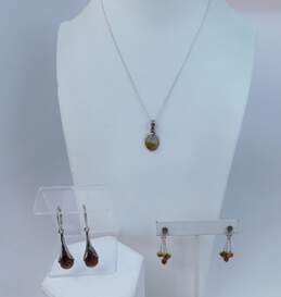 Artisan 925 Modernist Speckled Agate Oval Pendant Necklace & Amber Teardrop Flower & Cabochons Tassel Drop Earrings 12.8g