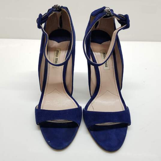 AUTHENTICATED WMNS MIU MIU SUEDE ANKLE STRAP STILLETO SIZE 38.5 image number 3