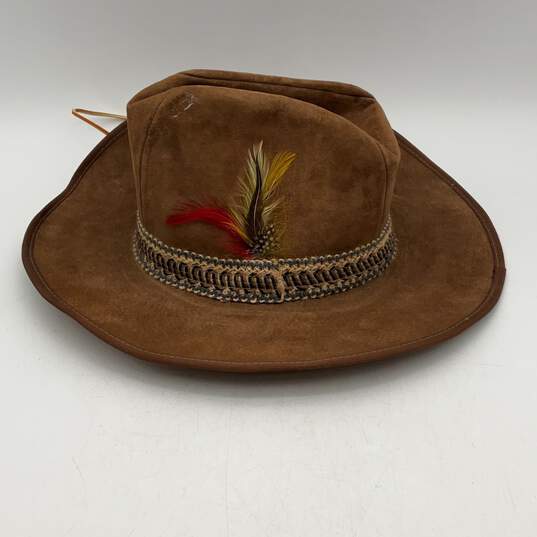 Stetson Mens Brown Leather Wide Brim Feather Cowboy Western Hat Size 7.12 image number 4