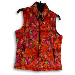 Womens Multicolor Floral Sleeveless Mock Neck Full-Zip Puffer Vest Size XS