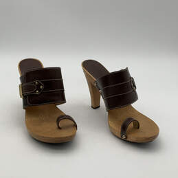 Womens Brown Leather Toe Loop Studded Slip-On Block Platform Heels Size 8M alternative image