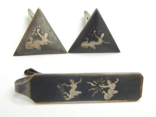 Vintage Siam Sterling Etched Tie Clip & Cuff Links 22.8g image number 1