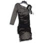 Womens Black White Striped Ruched Mesh Overlay Bodycon Dress Size Small image number 2