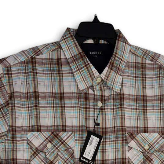 NWT Mens Brown Plaid Spread Collar Flap Pocket Button-Up Shirt Size 2X image number 3
