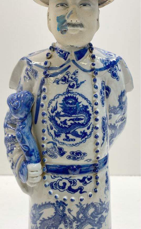 Blue and White Porcelain 18 inch Tall Chinese Emperor Statue image number 3