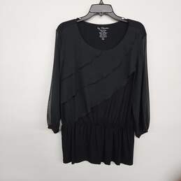 Black Knit Woven Ruffle Front 3/4 Sleeve Blouse