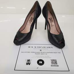 Salvatore Ferragamo Black Leather Peep Toe Stilettos Women's Size 9.5