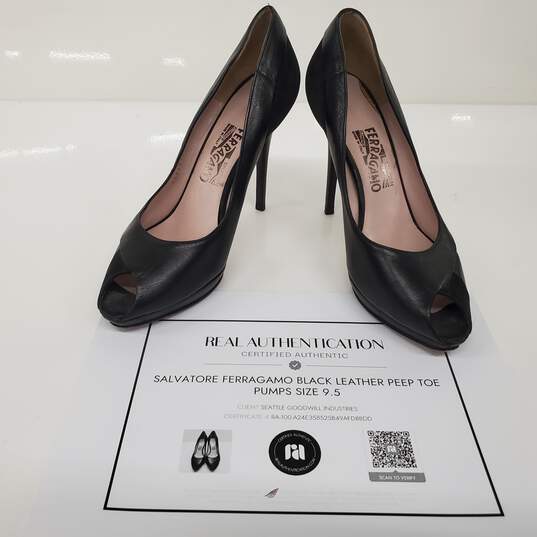 Salvatore Ferragamo Black Leather Peep Toe Stilettos Women's Size 9.5 image number 1