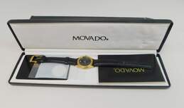 Movado Swiss 4 Jewels Gold Tone & Black Leather Band Women's Museum Watch With Box 265.7g alternative image