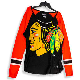 NWT Womens Red Black Strappy V-Neck Long Sleeve NHL Pullover T-Shirt Sz XL