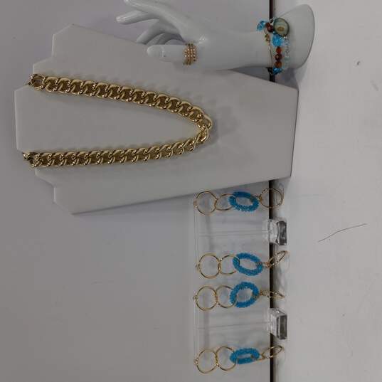 Bundle of Assorted Gold Tone and Baby Blue Color Fashion Costume Jewelry image number 1