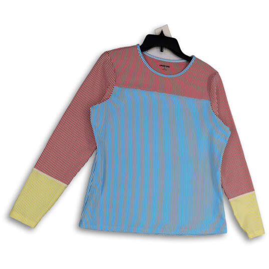 Womens Multicolor Striped Round Neck Long Sleeve Pullover T-Shirt Size L image number 1
