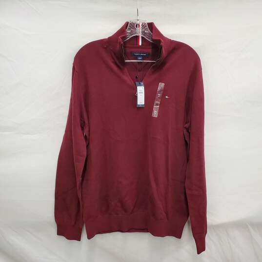 NWT Tommy Hilfiger MN's Maroon Half Zip 100% Cotton Pullover Size M image number 1