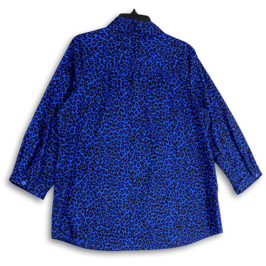 Womens Blue Leopard Print Spread Collar 3/4 Sleeve Button-Up Shirt Size L image number 2