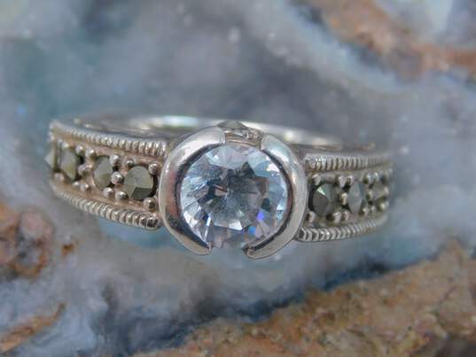 Romantic Sterling Silver Marcasite Link Bracelet Ring & CZ Ring 20.4g image number 3