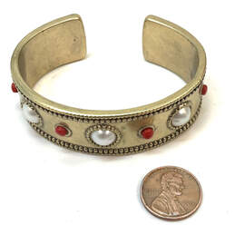 Designer Lucky Brand Gold-Tone White Pearl Red Stone Wide Cuff Bracelet alternative image