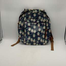 Womens Blue Leather Owl Print Adjustable Strap Inner Pockets Backpack Bag