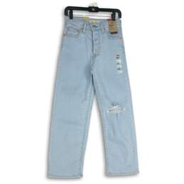 NWT Womens Light Blue Denim Distressed Ribcage Straight Ankle Jeans Size 26x27