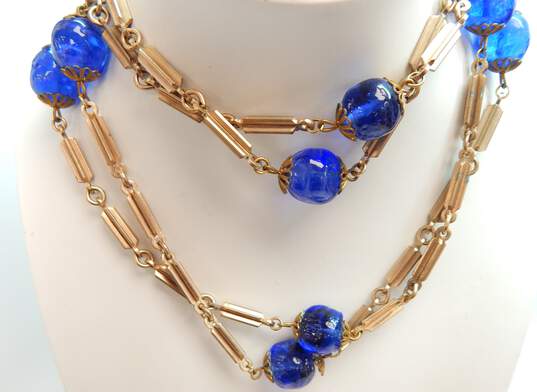 Vintage Gold Tone Cobalt Blue Glass Necklace 127.4g image number 1