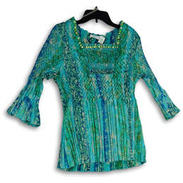 Womens Green Studded Pleated Smocked Square Neck Tunic Blouse Top Size 3X