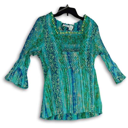 Womens Green Studded Pleated Smocked Square Neck Tunic Blouse Top Size 3X image number 1