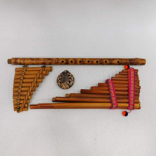 Set of Four (4) Folk Woodwind Instruments; Pan Pipes, Bamboo Flute, Ocarina image number 1