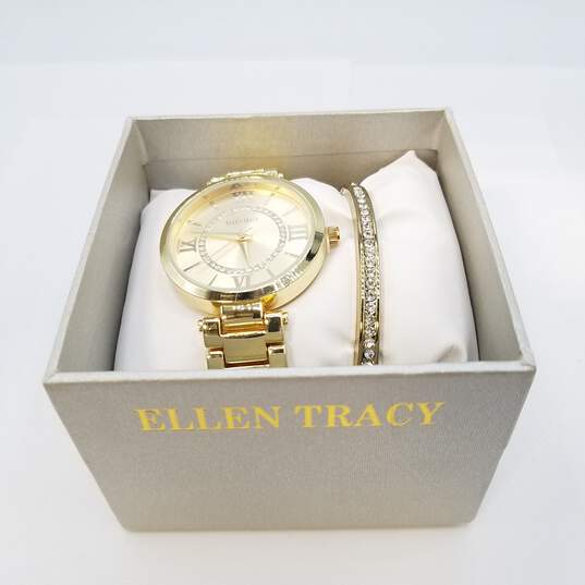 Ellen Tracy 36mm Gold Tone Case Quartz Watch Plus Crystal Bangle Ladies Collection image number 2