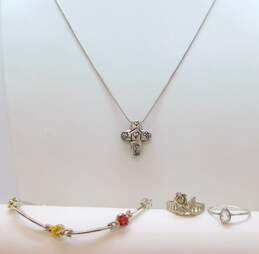 Artisan 925 Stamped Cross Pendant Necklace Colorful Glass Hearts Bracelet & Quartz Teardrop & Carved Flower Rings 22.3g