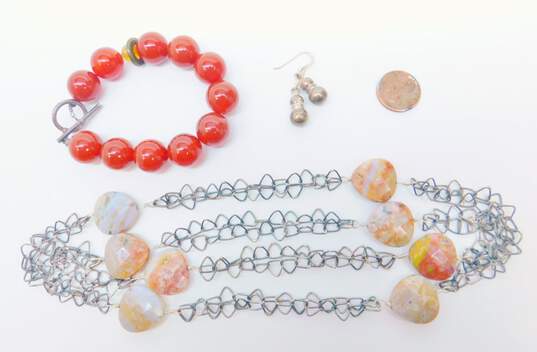 Artisan Sterling Silver Agate Chain Necklace Chunky Carnelian Bracelet & Earrings 93.0g image number 6
