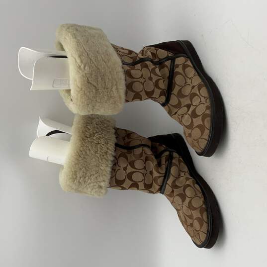 Coach Womens Beige Brown Monogram Fur Trim Ankle Slip-On Winter Boots Size 8 image number 2