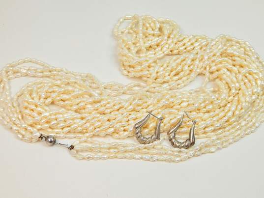 Sterling Silver Rice Pearl Necklaces & Shrimp Hoop Earrings 228.6g image number 1