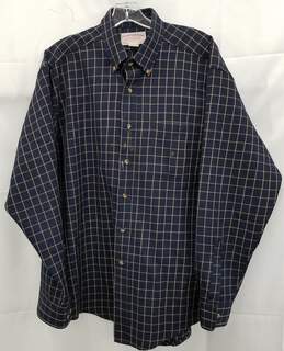 Men's Vintage Dark Blue and Tan Patterned Flannel Shirt Large