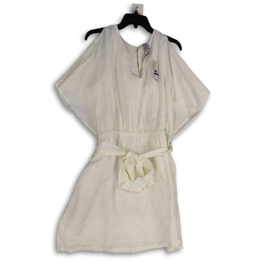 NWT Womens White Kimono Sleeve Ruched Tie Waist Short Blouson Dress Size XL image number 1