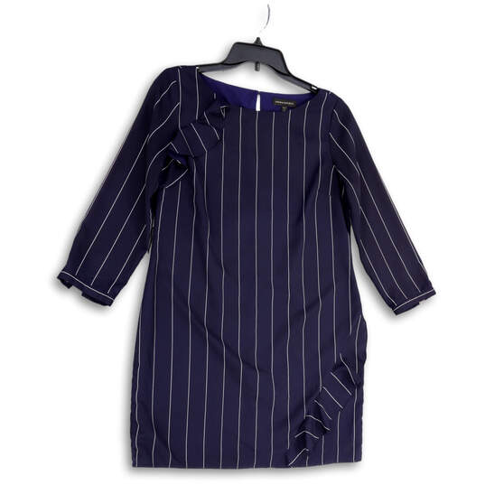 Womens Blue White Striped Long Sleeve Round Neck Knee Length Shift Dress SP image number 1