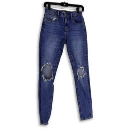 Womens Blue Denim Medium Wash Distressed Pockets Skinny Leg Jeans Size 25