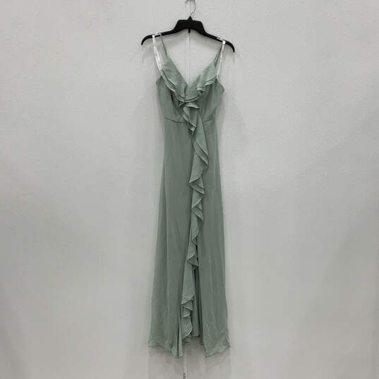 NWT Womens Green V-Neck Ruffle Spaghetti Strap Back Zip Maxi Dress Size 2 image number 2