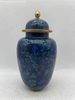 Cloisonne Royal Blue Gold Floral Home Decorative Round Edge Urn Vase With Lid