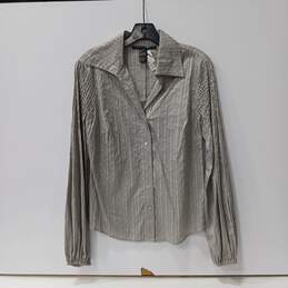 Yansi Fugel Gray/Came And Beige Stripped Button Down Shirt Size M NWT