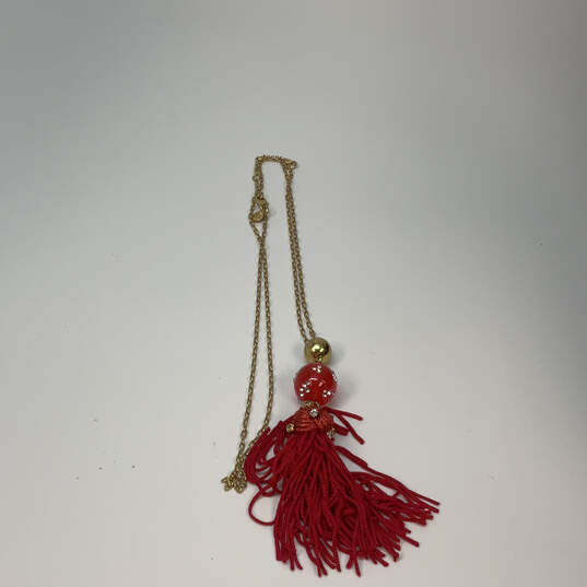Designer J. Crew Gold-Tone Link Chain Red Beaded Tassel Pendant Necklace image number 1