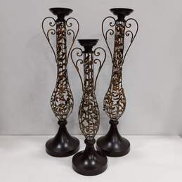 Set of 3 Metal Pillar Leaf Pattern Candle Holders