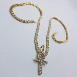 Iced Out Gold Tone 24 inch Crystal SS Chain W/Crystal Set Ankh Pendant Necklace alternative image