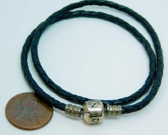 Pandora 925 Sterling Silver Black Braided Leather Wrap Charm Bracelet 5.5g image number 6