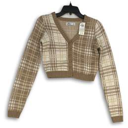 NWT Hollister Womens Brown Plaid Button Front Cropped Cardigan Sweater Size S