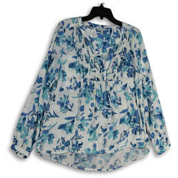Womens White Blue Floral Split Neck Long Sleeve Pullover Blouse Top Size L