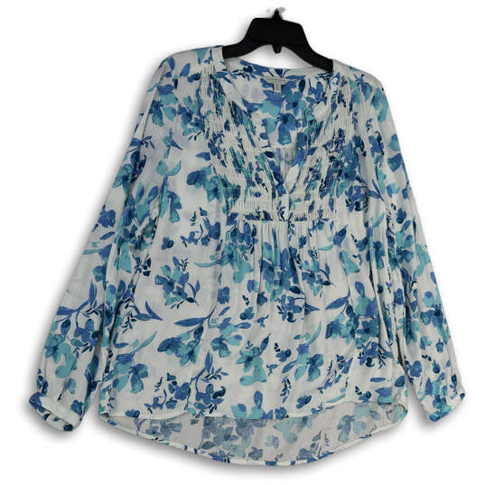 Womens White Blue Floral Split Neck Long Sleeve Pullover Blouse Top Size L image number 1