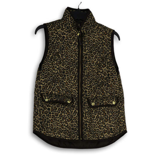 Womens Brown Cheetah Print Mock Neck Flap Pocket Full-Zip Vest Size S image number 1