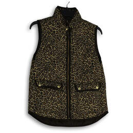 Womens Brown Cheetah Print Mock Neck Flap Pocket Full-Zip Vest Size S